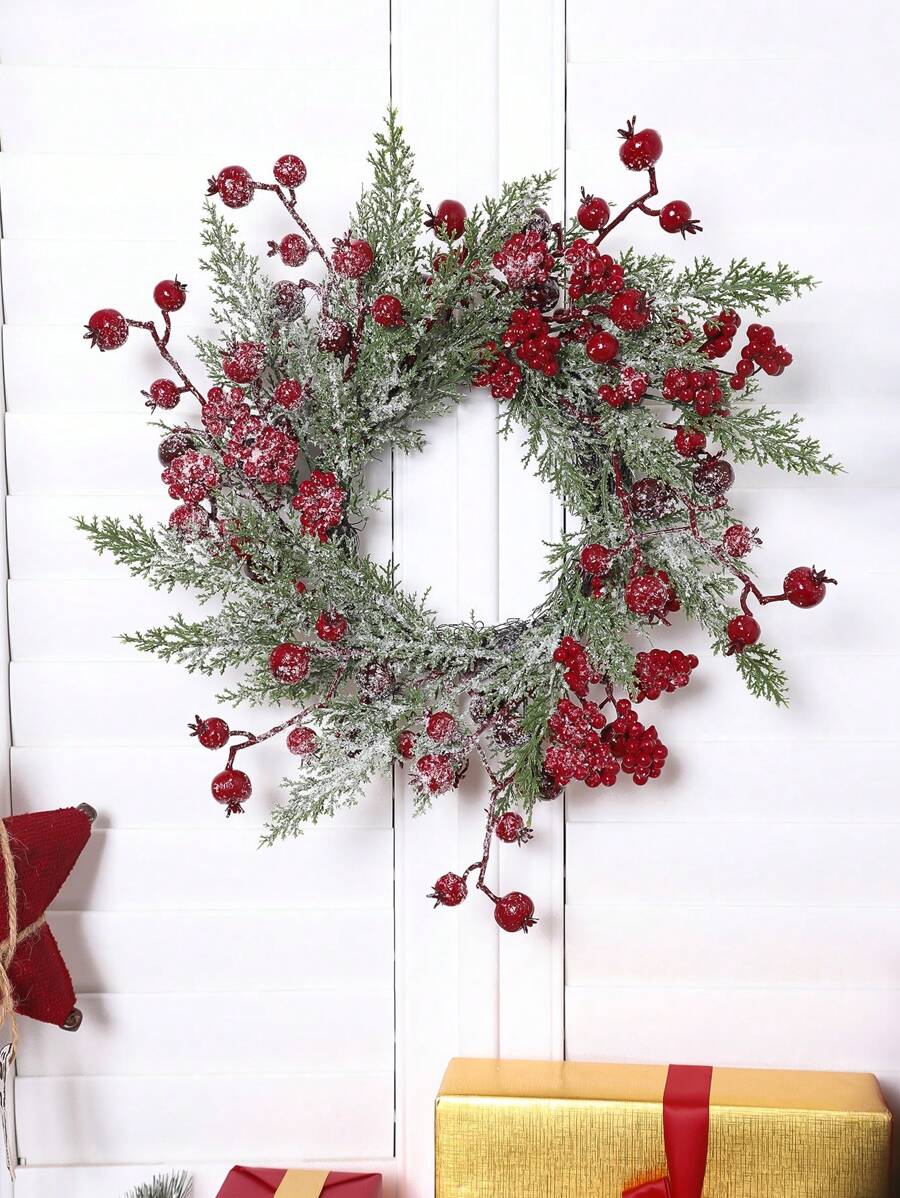 1PC 43CM Simulation Cypress Leaf Fortune Fruit Small Circle Home Hotel Shopping Mall Hanging Decoration Wreath Party Decoration, Valentine Day, Gift Home Decor Christmas Decorations Room Decor Christmas - Red - View 1