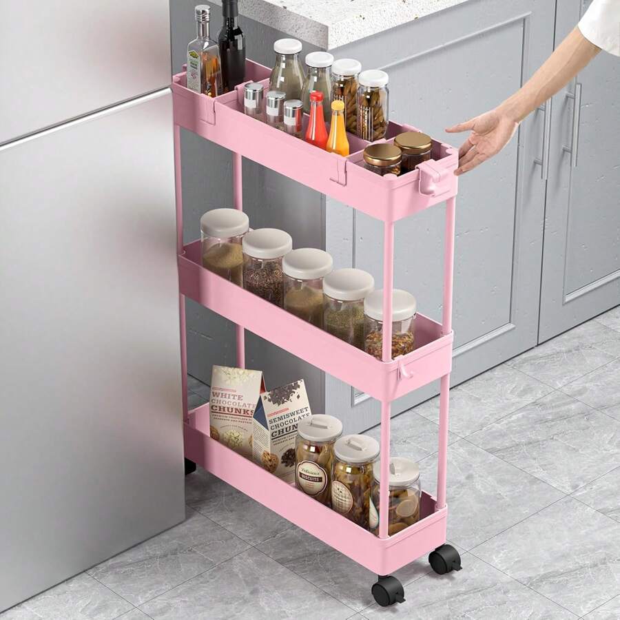 Slim Rolling Storage Cart Storage Cart Organizer Rolling Utility Cart,Room Decor,Bathroom Decor,Mobile Shelving Unit Slide Out Storage Shelves For Kitchen Living Room Bathroom Laundry Room & Dressers - 粉色 - 查看 1