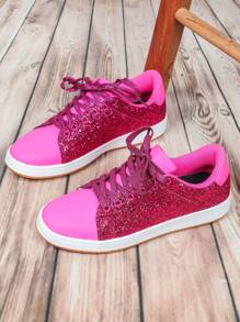 闪亮粉色女士时尚舒适、醒目百搭复古低帮平底休闲步行运动鞋，适合旅行、通勤、休闲、上学、节日聚会、用餐
