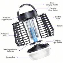 Luz eléctrica para campamento, mata mosquitos eléctrico portátil recargable USB, 2 en 1 insecticida - para uso interior y exterior, mata mosquitos + modo de luz de campamento - mata polillas, avispas, mosquitos, etc., mata mosquitos recargable y luz de campamento, trampa de insectos UV 2000V, trampa de luz 395NM y atracción de insectos 720°, para uso interior y exterior, cubre 300 pies cuadrados