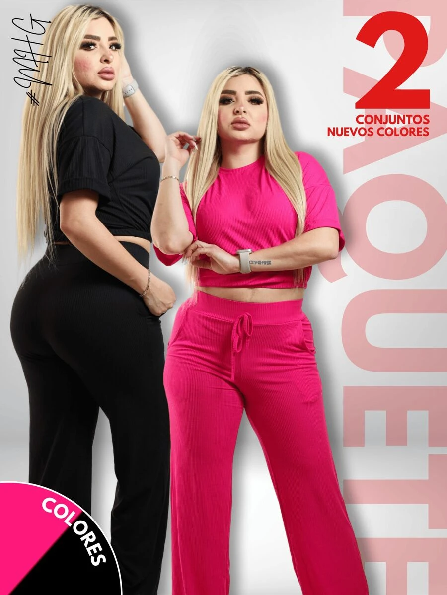 Women Two-Piece Outfits - 粉紅色 / 黑色 - 查看 1