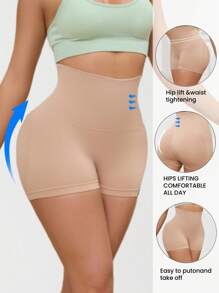 1pc Women's Plus Size Seamless Buttock Lifting, High-Waist Shaping Brief, Slender Waist, Elastic & Stretchy, Everyday Wear - Apricot - View 2