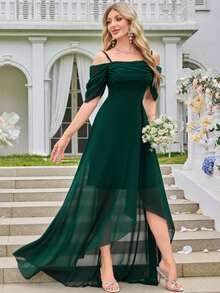 Chiffon Minimalist Sexy Off Shoulder Ruched Form-Fitting Cocktail Wedding Dress,Bridesmaid Dress - Dark Green - View 6