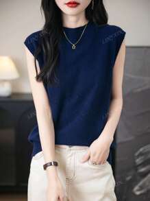 Hauts d'été élégants pour femmes 100% laine mérinos mignons, pull sans couture monofilaire, hauts en tricot à col montant sans manches pour femmes, décontracté printemps été, nouveaux hauts en laine pour femmes