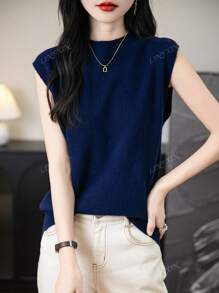 Hauts d'été élégants pour femmes 100% laine mérinos mignons, pull sans couture monofilaire, hauts en tricot à col montant sans manches pour femmes, décontracté printemps été, nouveaux hauts en laine pour femmes