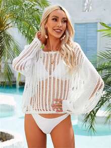 European & American Style Sexy Beach Sheer Crochet Knit Cover Up Long Sleeve Top