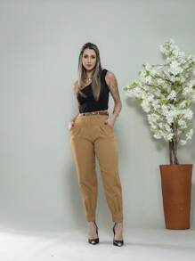 Carrot Pants With Zipper On The Leg, Tailored C3095 - 卡其色 - 查看 6