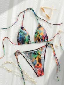 Sexy Swimsuit Beach Vacation Bikini Set, Random Print, Summer - Black - View 2