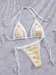 Sexy Random Print Fly Edge Design Bikini Swimsuit, Split Swimwear For Beach Holiday In Summer - White - View 6