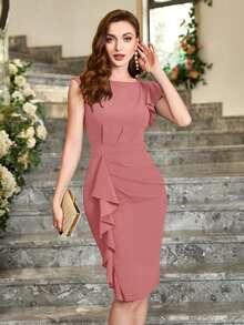 MIUSOL Đầm cocktail màu trơn tay bồng bất đối xứng, đầm nữ thanh lịch bán trang trọng mùa hè. - Bụi hồng - Xem 4