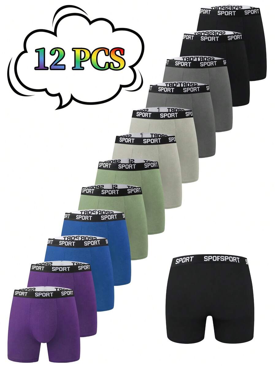 12 Pieces Of Men's Underpants, SPORT Letter Waistband, Solid Color Extended Leg Underwear, Suitable For All Seasons, Youth Sports Sweat Absorbing Shorts, Casual, Soft, Comfortable, Breathable Men's Boxer Underwear Suitable For Everyone's Daily Wear - Multicolor - View 1