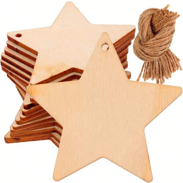 50pcs Blank Wooden Star Cutouts For DIY Crafts - Smooth, Durable Hanging Ornaments With Ropes, Ideal For Home & Party Decor, Gift Tags