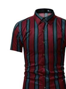 NITAGUT Men's Casual Daily Commute Color Block Short Sleeve Shirt - Red - View 2