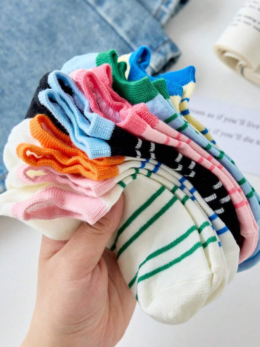 5 Pairs Women's Colorful Striped Non-Slip Breathable Boat Socks, Comfortable For Spring/Summer - Multicolor - View 1