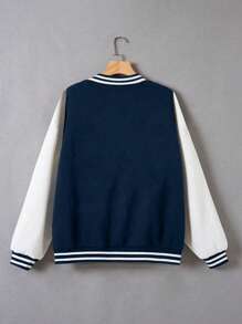 1pc Casual Vintage Solid Color Fleece Jacket With L Letter Decor For Teen Girls & Girls, Suitable For Spring, Autumn, Winter - Navy Blue - View 2