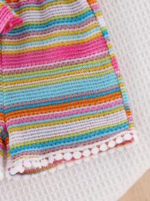 2 件装女婴夏季波西米亚风格多巴胺印花服装，彩虹条纹无袖荷叶边上衣和配套彩虹条纹荷叶边松紧腰短裤套装 - 彩色 - 查看 7