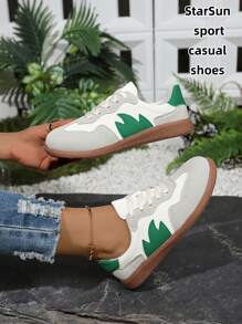 Women Casual Suede Leather Multi-Functional Lace-Up Round Toe Rubber Sole Sneakers, Retro Color-Block, Comfortable Flat Everyday Wear - Green - View 8