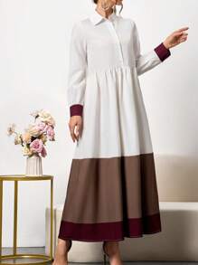 Rochie maxi pentru femei cu guler cămașă și blocuri de culoare - Rochie elegantă cu mânecă lungă și panouri contrastante pentru ținute casual de primăvară-vară, rochii elegante și modeste - Multicolor - Vizualizare 3
