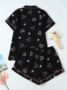 Conjunto de pijama de mujer con estampado de corazón, camisa de manga corta y shorts
