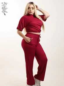 Camiseta de cuello redondo y mangas estilo murciélago y pantalones con cordón en la cintura - Caoba / Gris - Ver 8