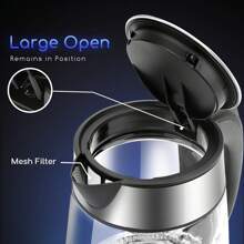 1pc 1.7L Electric Kettle, Stainless Steel Glass Carafe, 2200W, With LED Lighting, Auto Shut-Off, Removable Filter, 360° Swivel Base, Cord Storage, Black - EU F Type Plug(220-240V) - View 4