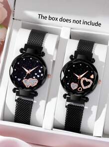 2pcs Fashionable And Versatile Women's Quartz Watch, Elegant Round Brick Dial, Suction Strap, Perfect For Daily Wear, Dinner Parties, And Other Occasions To Decorate The Wrist. - Black - View 3