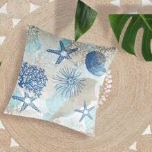 1pc Nautical Coastal Throw Pillow Covers Outdoor Decorative Beach Ocean Themed Throw Pillowcases Starfish Seashell Square Cushion Cover For Couch Bedroom Living Room 16x16 Inches, Blue