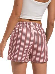 Yeeloon Women's Casual Elastic Pocket Striped Wide-Leg Shorts - Red - View 2