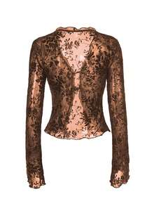 Women's Sexy Sheer Tie Front Ruffle Flared Sleeve Blouse - Khaki - View 4