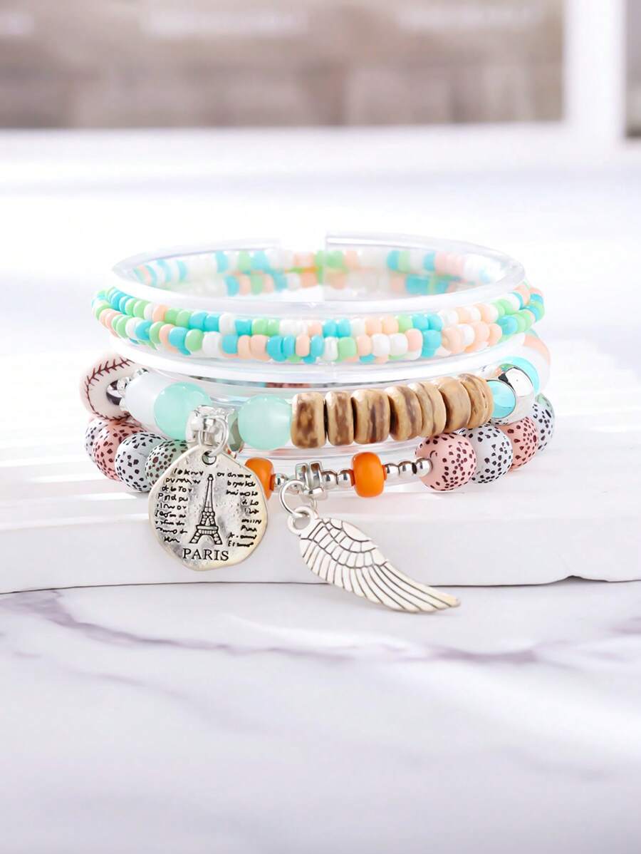 波西米亚风格多层串珠手链，弹力手链（珠子颜色随机） - 淺混色 - 查看 1