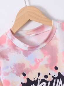 2pcs/Set Girls Tie Dye "Sunshine" Printed Short Sleeve T-Shirt And Tie Dye Printed Pants, Casual Outfit Suitable For Spring, Summer, Autumn - Multicolor - View 3