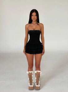 Women's Strapless Ruffled Tiered Mini Cake Dress For Party Time - 黑色 - 查看 2