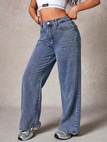 Jeans casuales de mezclilla de pierna recta y holgada con bolsillos para mujer