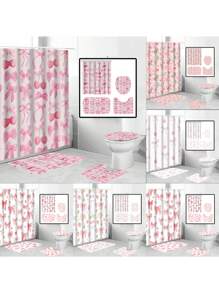 1/4 件套防水涤纶浴帘，带樱花蝴蝶结和水果图案，包括 12 个挂钩，浴室装饰，防水，可机洗，适用于家庭、酒店、公寓，精美礼物 - 彩色 - 查看 1