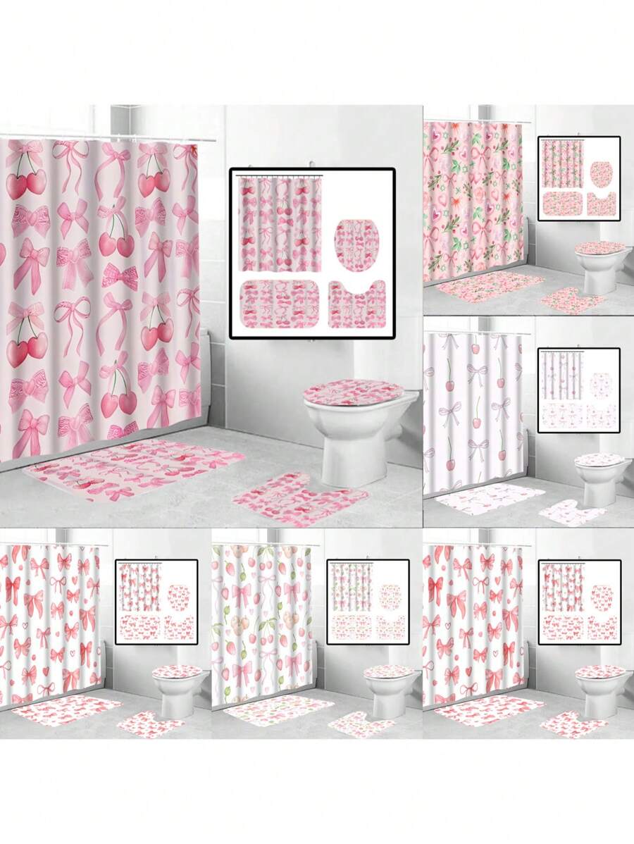 1/4 件套防水涤纶浴帘，带樱花蝴蝶结和水果图案，包括 12 个挂钩，浴室装饰，防水，可机洗，适用于家庭、酒店、公寓，精美礼物 - 彩色 - 查看 1