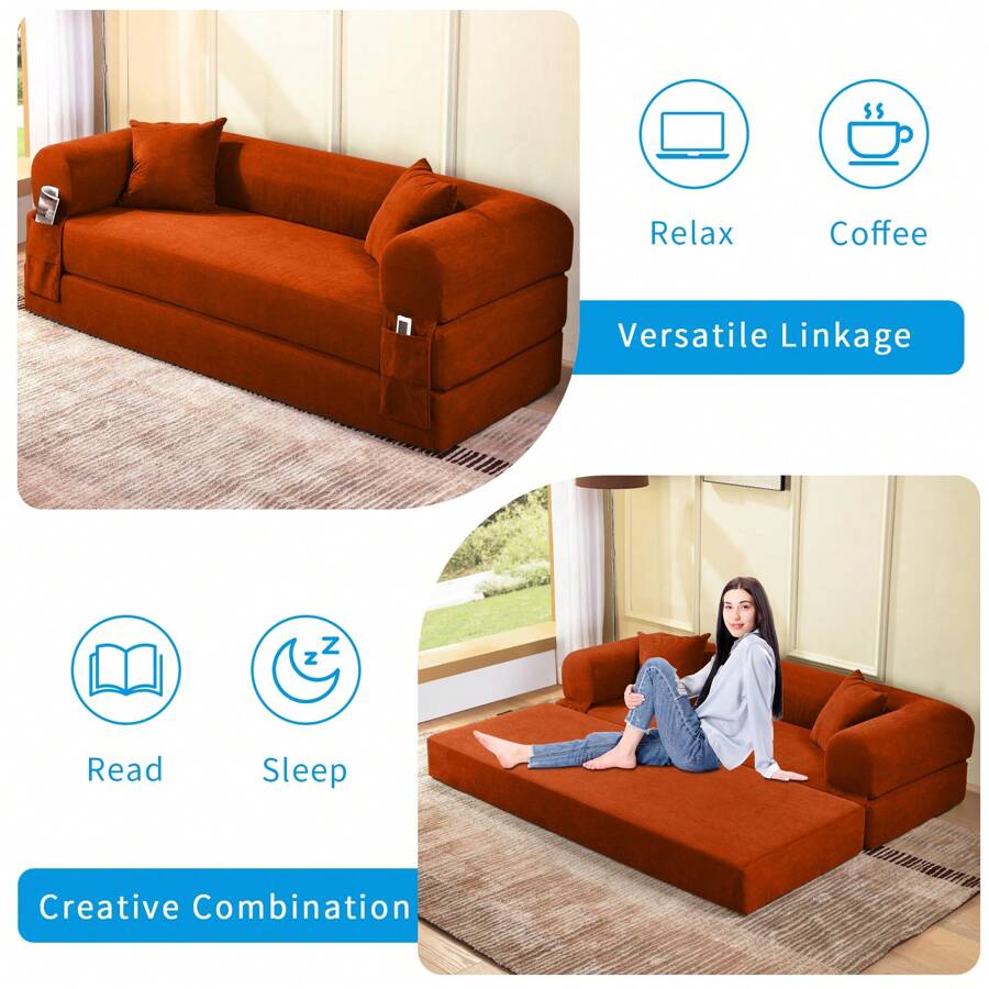Compression Sofa - Convertible Floor Foldable Sofa Bed - With 2 Pillows, Corduroy, Queen Size - trái cam - Xem 1