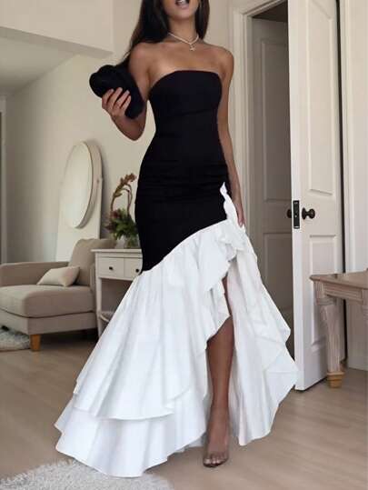 Asymmetrical Double Layer Hem Color Block Patchwork Ruched Hem Strapless Party Dress For Wedding Party,Holiday Vacation,Spring Break Outfits Wedding Guest Dress Prom Dress