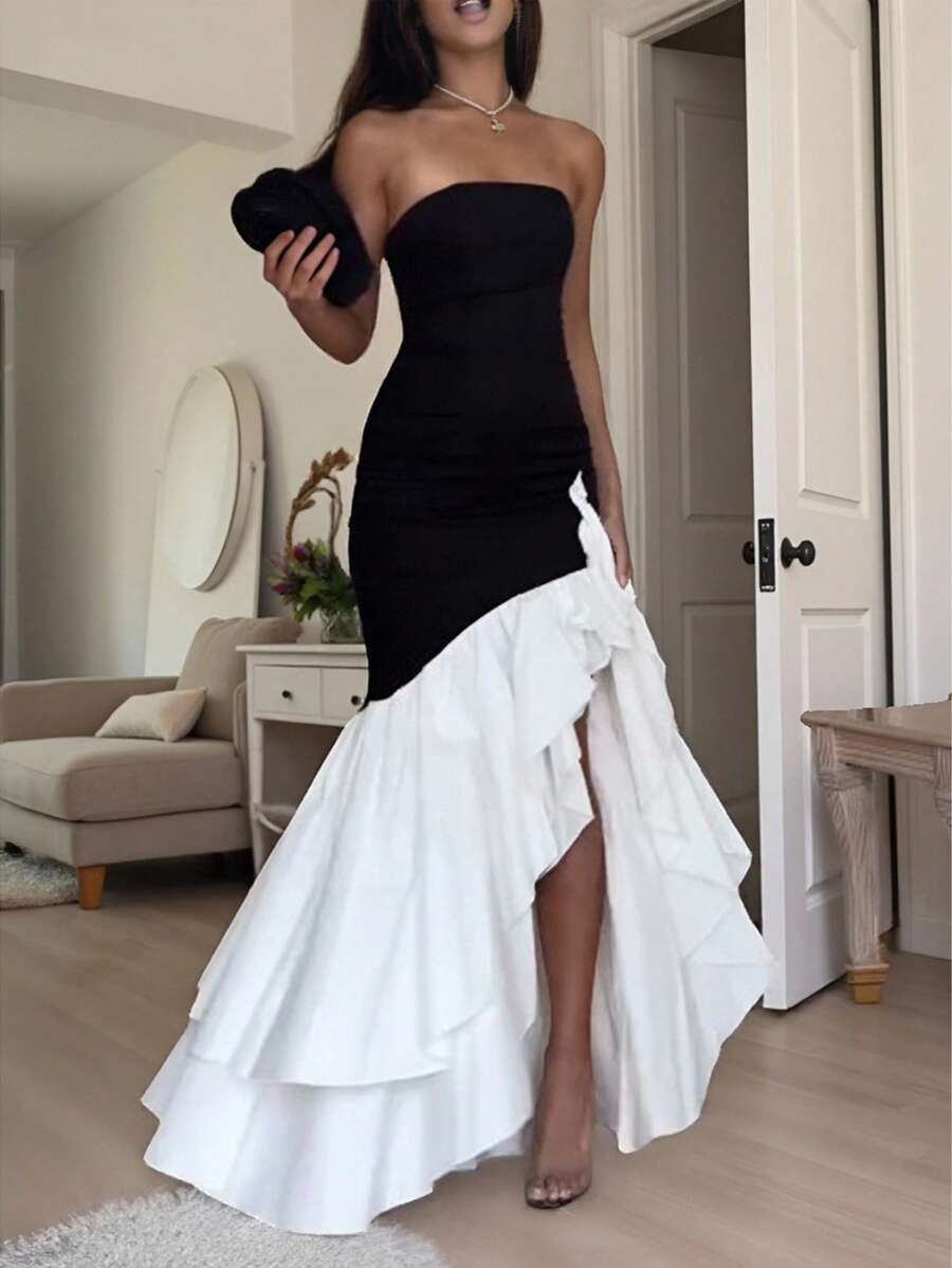 Vestido de fiesta con dobladillo asimétrico de doble capa, parche de color contrastante, plisado en el dobladillo y sin tirantes para boda, fiesta, vacaciones, regreso a clases, baile de graduación