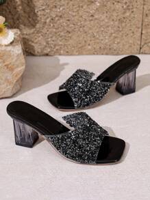 Sommer Damen Dekor mit Glanz, Plateau-Absatz, offene Zehenpartie Sandalen, quadratische Zehenform, transparenter Riemen, elegant, geeignet für den täglichen Gebrauch, Party & Abend, essentielle Sommer-Sandalen, leicht & bequem, Kunstleder, Plateau-Absatz Sandalen, Artikel, Damen Lässige Schuhe, Urlaubs- & Reiseschuhe, Festival & Anlass Schuhe, Neu Sommer Kollektion, Populär, Sandalen, glänzende Elemente, empfohlene Plateau-Absatz Sandalen