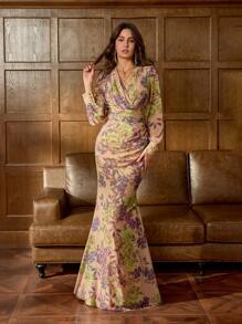 Faeriesty 印花优雅花卉印花雪纺晚礼服，搭配美人鱼轮廓 - 奢华优雅，适合红毯活动、婚礼、艺术画廊开幕式、晚宴和高端社交聚会 - 卡其色 - 查看 5