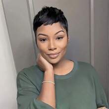 4-Inch Short Straight Layered Remy Human Hair Wig, 150% Density, Malaysian Remy Hair, Black, Elegant Pixie Short Wig For Women - 黑色 - 查看 6