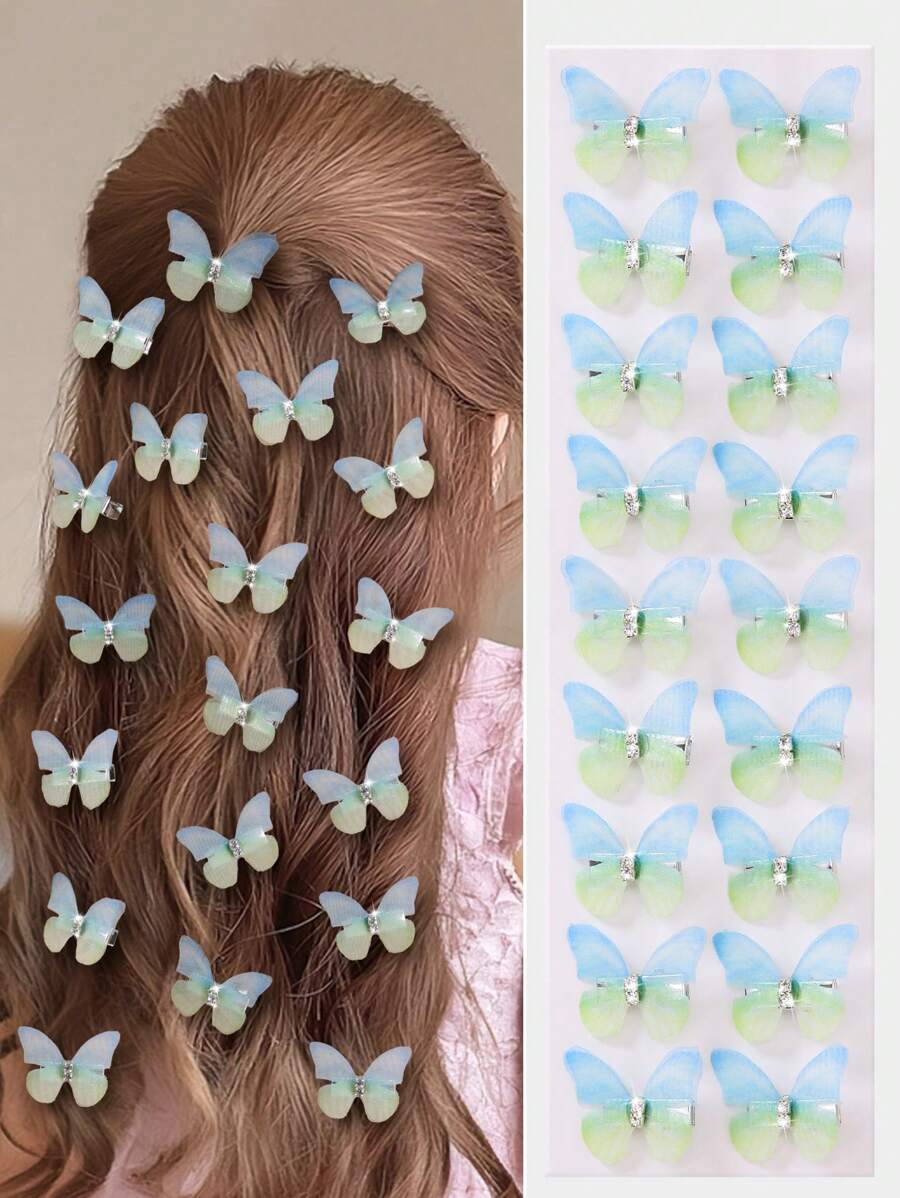 10pc/Set Baby Girls' Ombre Gradient Color Double Layer Rhinestone Transparent Tulle Butterfly Small Hair Clips, Adorable Princess Hair Accessories Hair Clips For Children - Multicolor - View 1