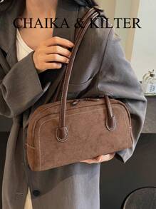 CHAIKA & KILTER 1 件纯色仿麂皮面料女士单肩包，复古时尚哑光保龄球包，撞色缝线，双手柄设计，拉链开合，适合日常和户外使用，新款秋冬女包，最佳秋季钱包，最新时尚女士仿麂皮包，完美搭配秋季服装女士秋季服装 - 咖啡棕 - 查看 7