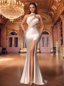 VIPGIRL Váy dạ hội satin một vai màu sâm panh xẻ cao, váy dạ hội đuôi cá gợi cảm dành cho nữ, váy maxi ôm sát đính hạt, váy dạ hội thảm đỏ thanh lịch, váy dự tiệc ôm vừa vặn quyến rũ - Vàng - Xem 1