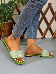 Pearl & Rhinestone Decor Women Flat Slippers, Elegant Classical Wide Strap Sandals - Olive Green - View 4