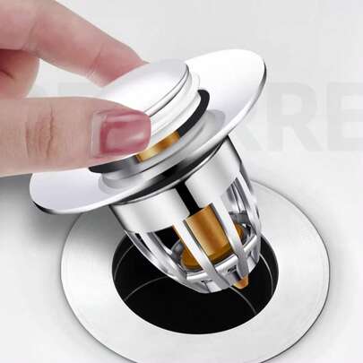1pc Universal Bathroom Sink Stopper With Hair Catcher, Spring Core Bathtub Drain Cover, Plastic Core Pop Up Sink Plug, Basin Drain Strainer, Press Type Sink Plug, Bathroom Accessories, Bathroom Supplies Bathroom Accessories Bathroom Tools