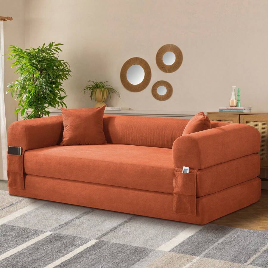Compression Sofa - Convertible Floor Foldable Sofa Bed - With 2 Pillows, Corduroy, Queen Size - Bụi hồng - Xem 1
