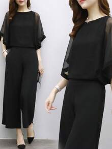 Conjunto de pantalones Lady xiaoxiangfeng moda casual verano gasa suéter de chifón estilo extranjero dos conjuntos de mujeres - Negro - Ver 2