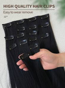 7pcs 22-Inch Straight Black Clip-In Hair Extensions, Full Head Synthetic Hair Extensions For Women - Black - View 7