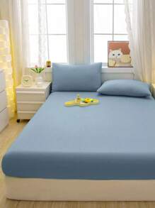 CNZB-1pc Solid Color Brushed Fitted Sheet, Light Blue Bed Cover For Bedroom, Bedding